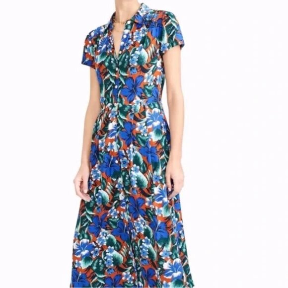 J. Crew Dresses & Skirts - J.Crew Tropical Floral Blue Red Green Collared Button Down Shirt Dress Womens XS